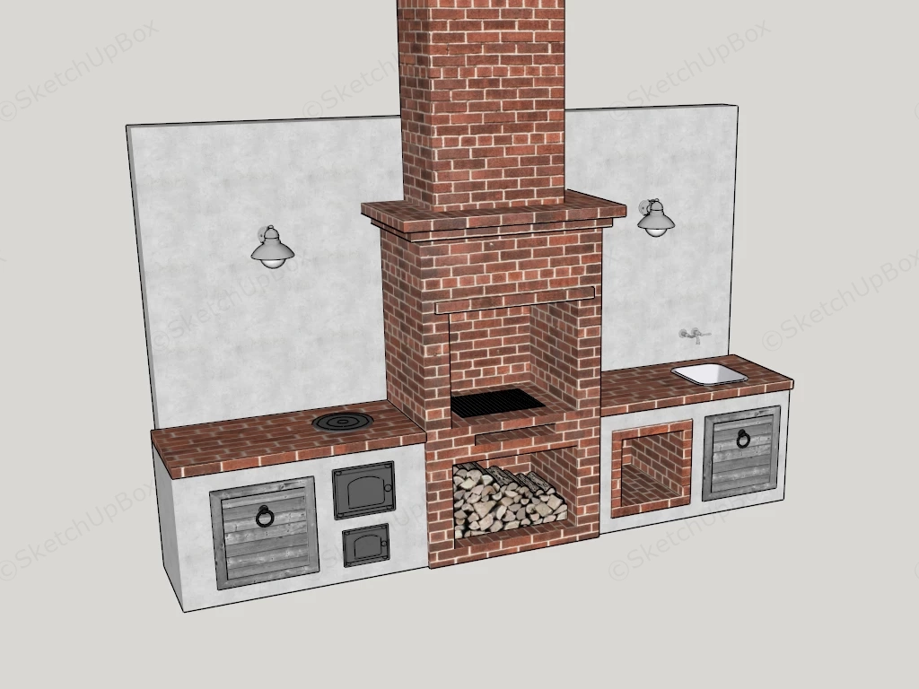 Outdoor Summer Kitchen With Fireplace sketchup model preview - SketchupBox