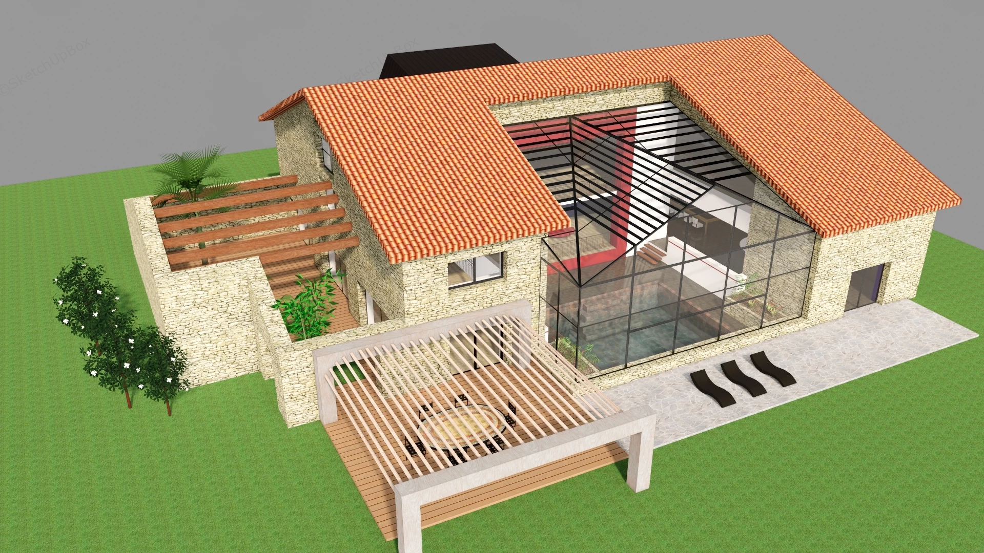 Rustic Stone Villa sketchup model preview - SketchupBox