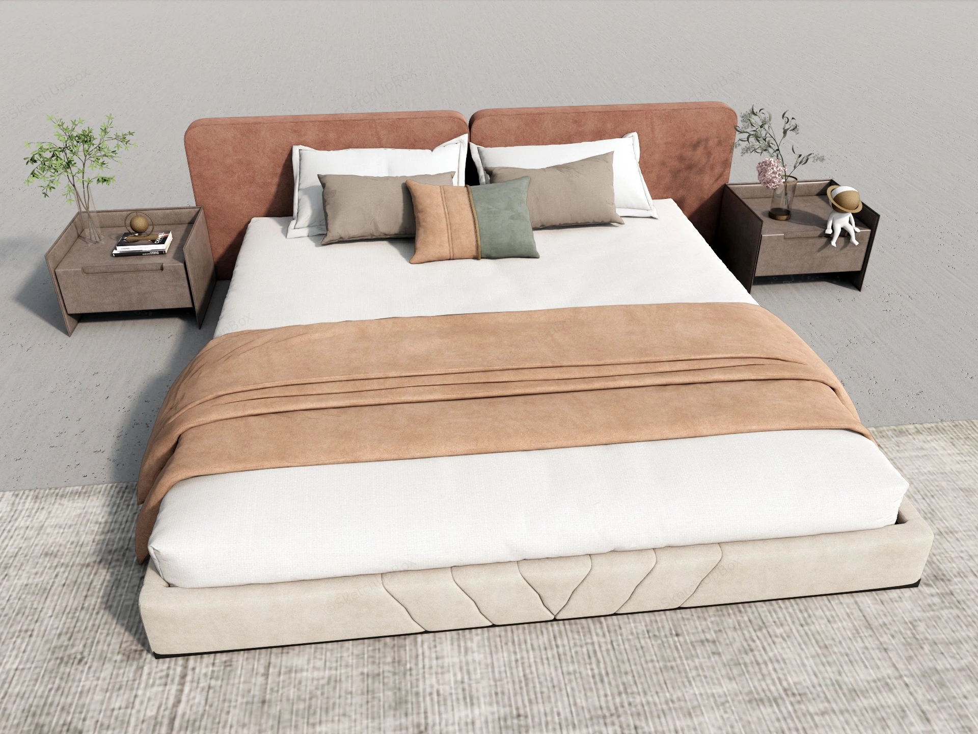 Modern Platform Bed And 2 Nightstand Set sketchup model preview - SketchupBox