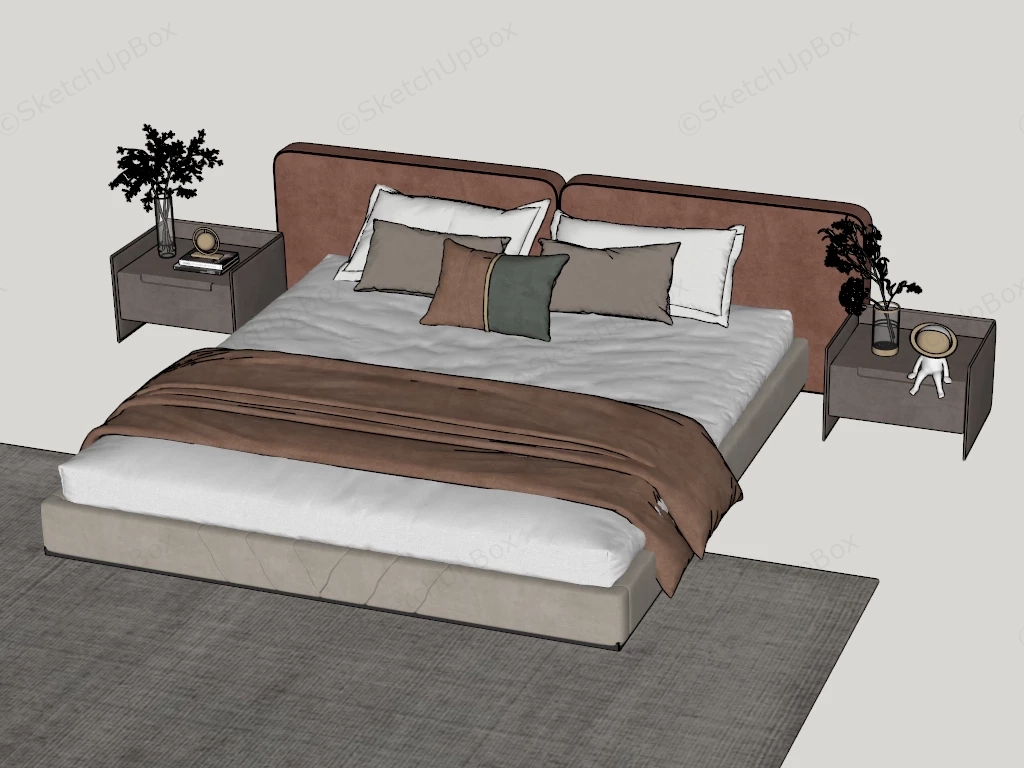 Modern Platform Bed And 2 Nightstand Set sketchup model preview - SketchupBox