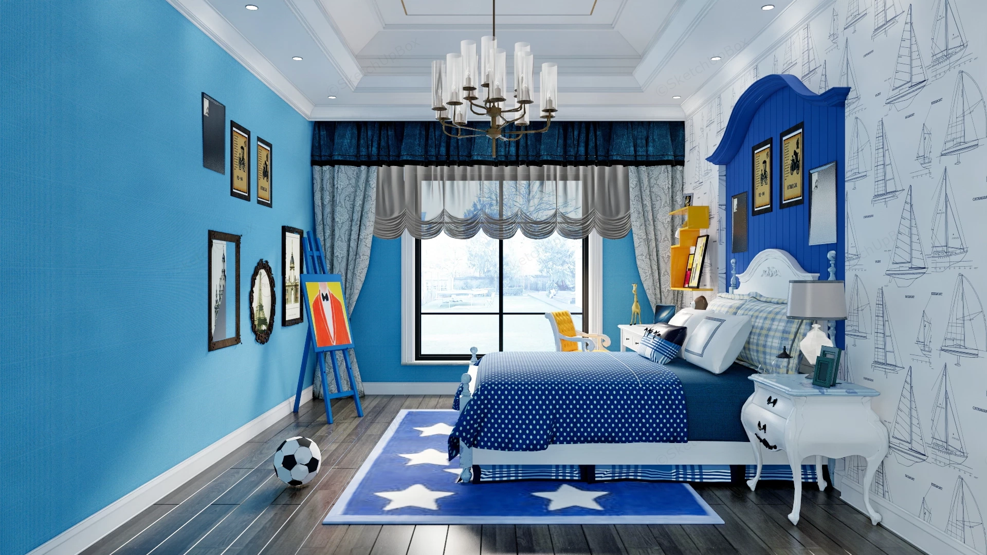 Blue And White Boys Bedroom sketchup model preview - SketchupBox