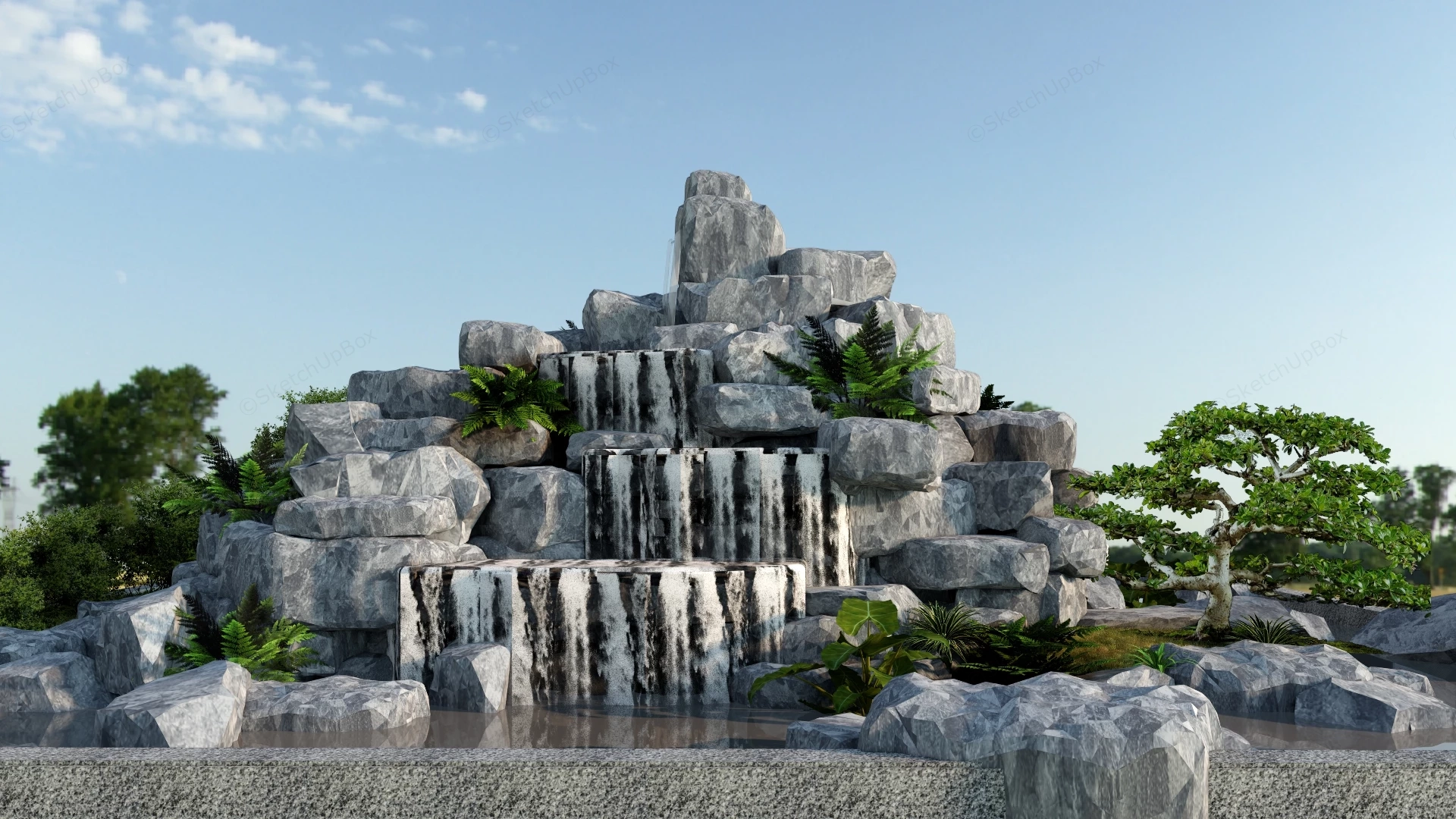Chinese Rock Garden With Waterfall sketchup model preview - SketchupBox