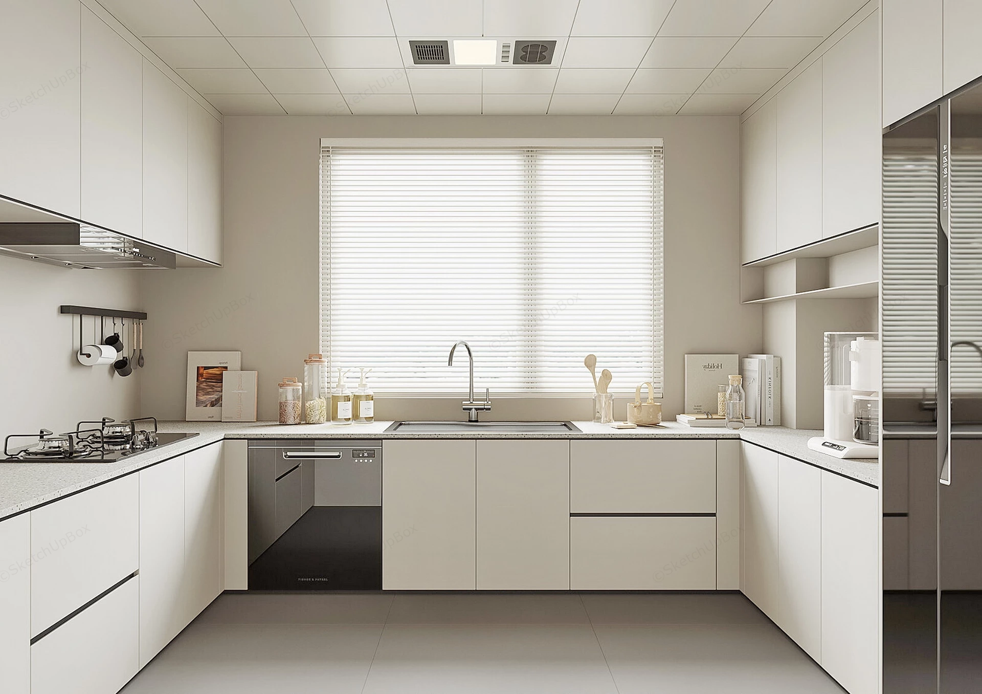 Cream Color U Shaped Kitchen sketchup model preview - SketchupBox