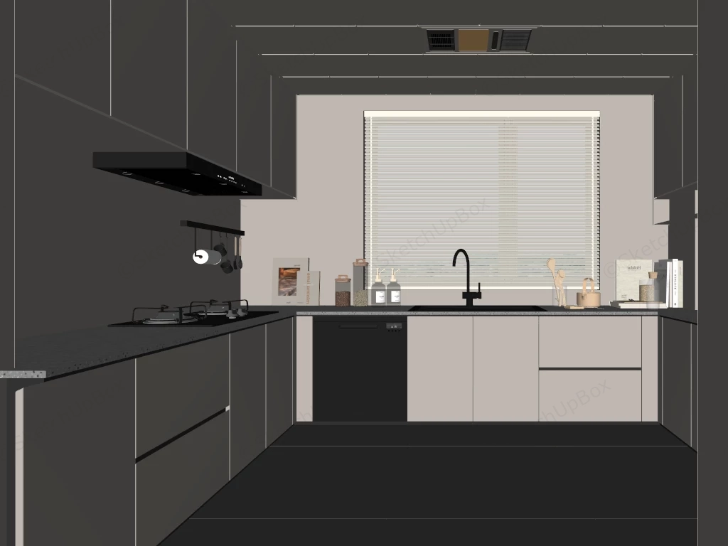 Cream Color U Shaped Kitchen sketchup model preview - SketchupBox