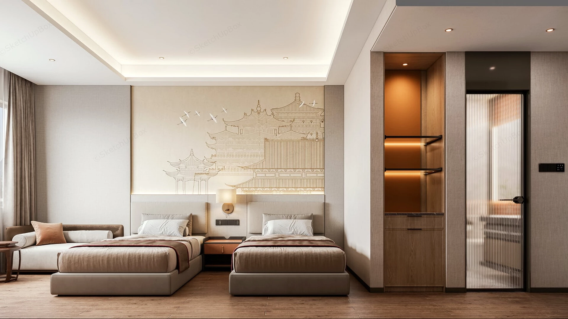 Standard Twin Bed Hotel Room sketchup model preview - SketchupBox