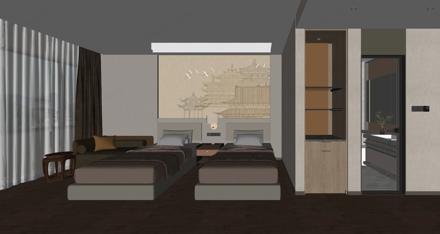 Standard Twin Bed Hotel Room sketchup model preview - SketchupBox