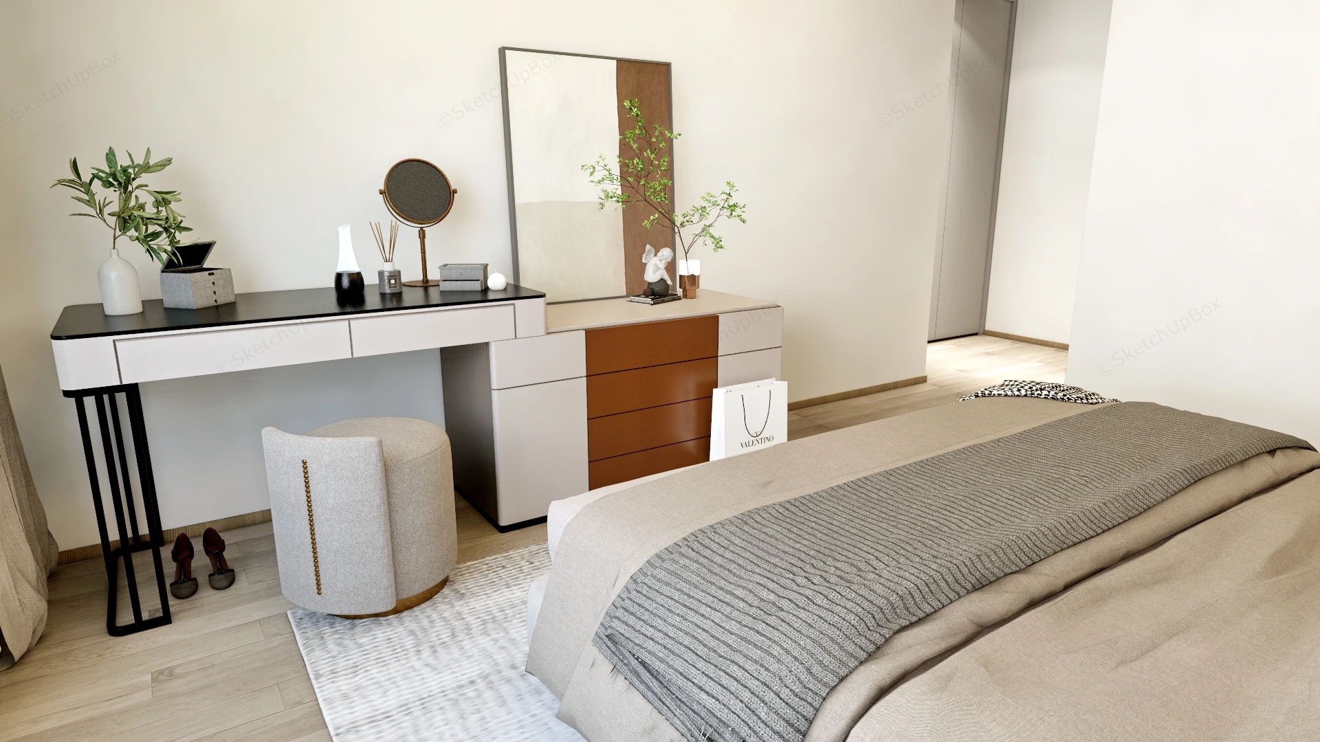 Modern Beige Bedroom Ideas sketchup model preview - SketchupBox