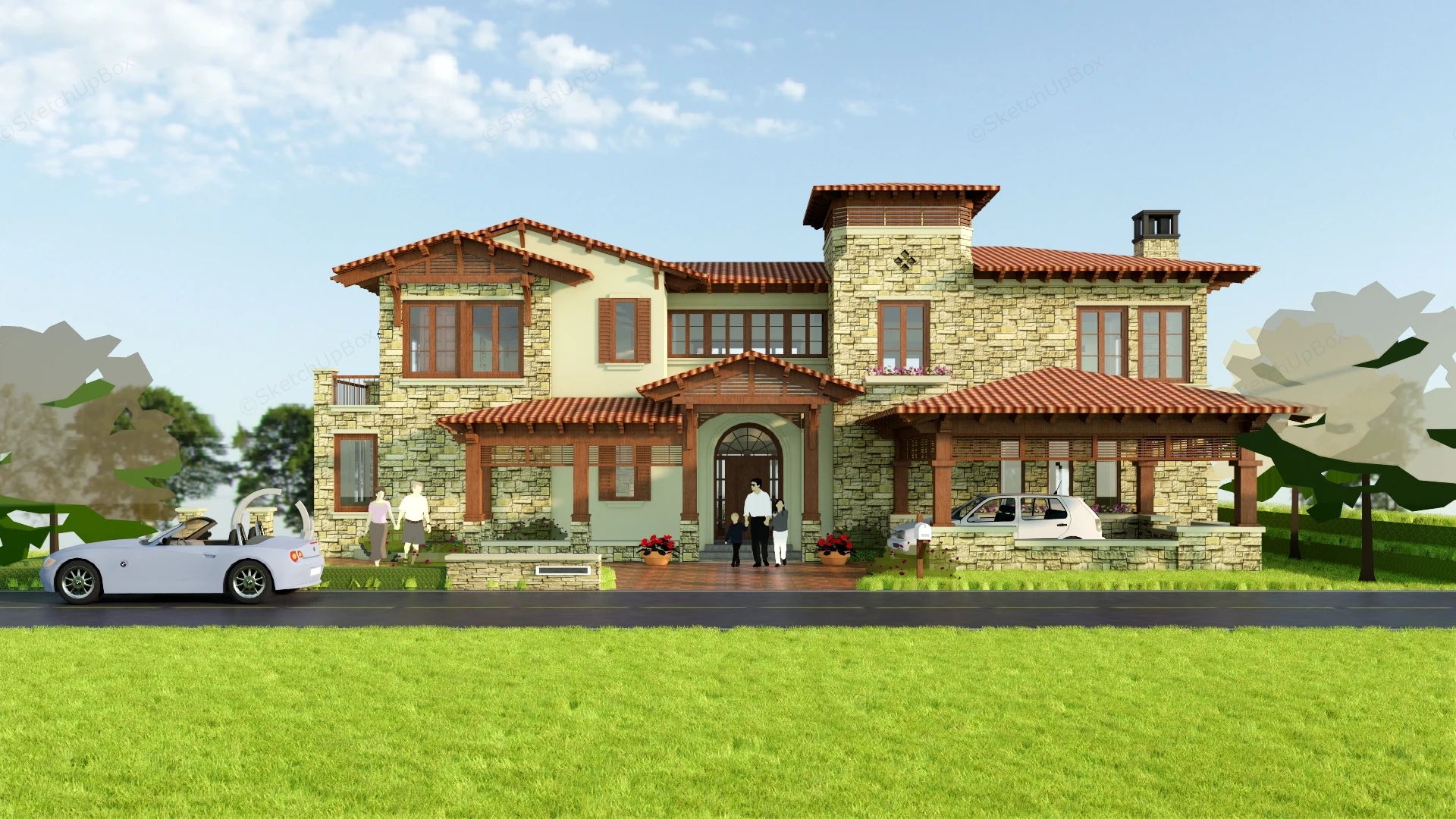 Modern Stone Mansion sketchup model preview - SketchupBox