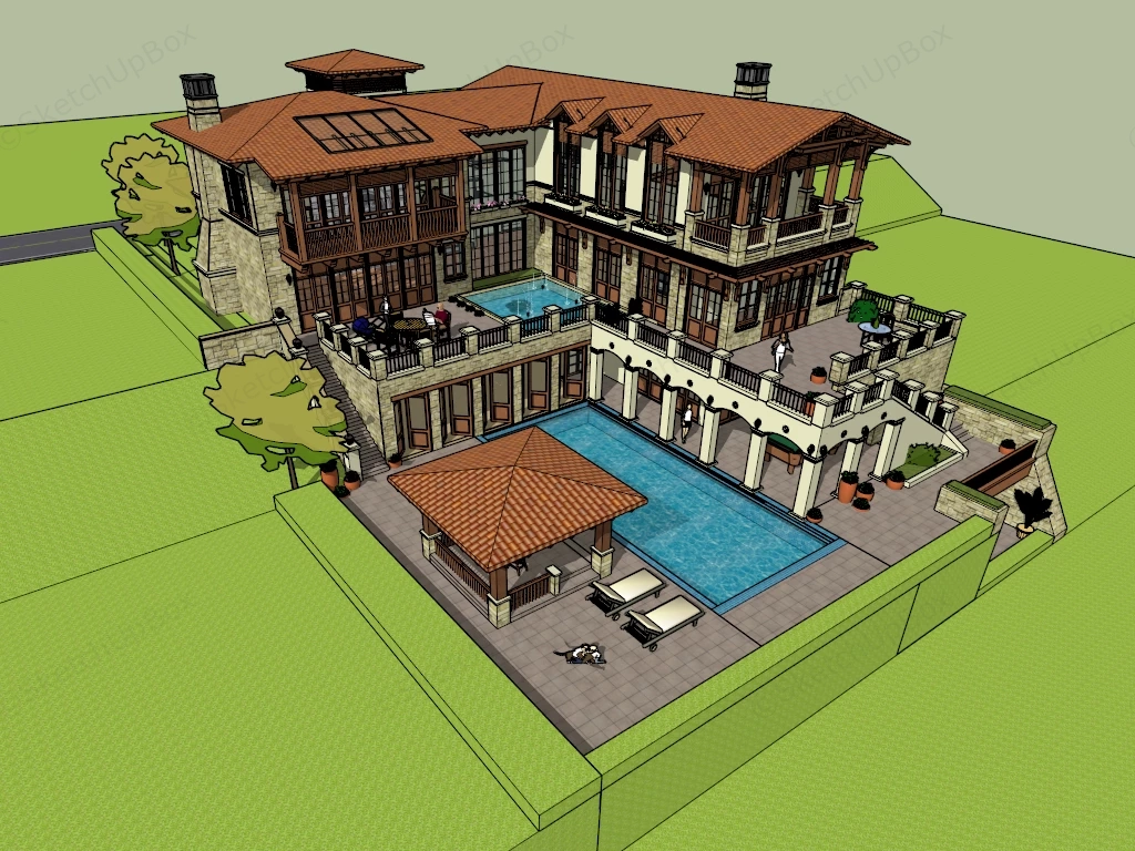 Modern Stone Mansion sketchup model preview - SketchupBox