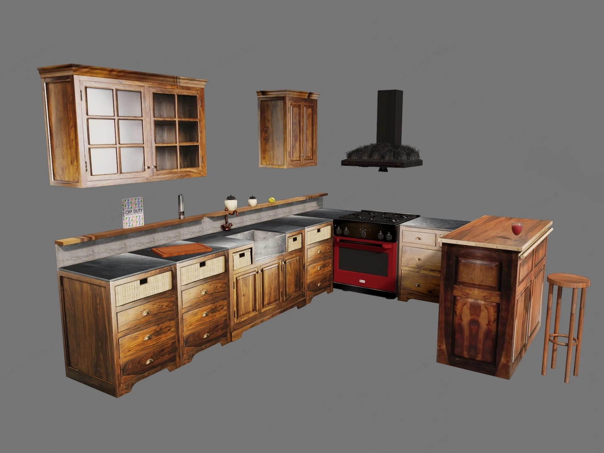 Rustic Wood Kitchen Cabinets And Island sketchup model preview - SketchupBox