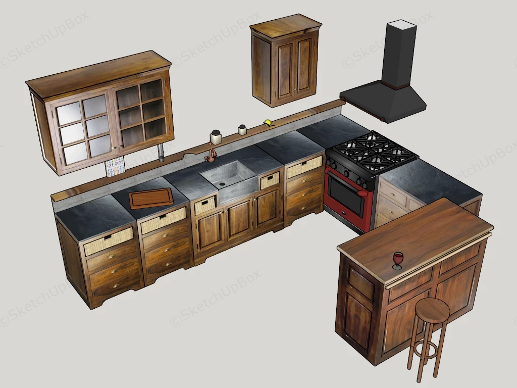 Rustic Wood Kitchen Cabinets And Island sketchup model preview - SketchupBox