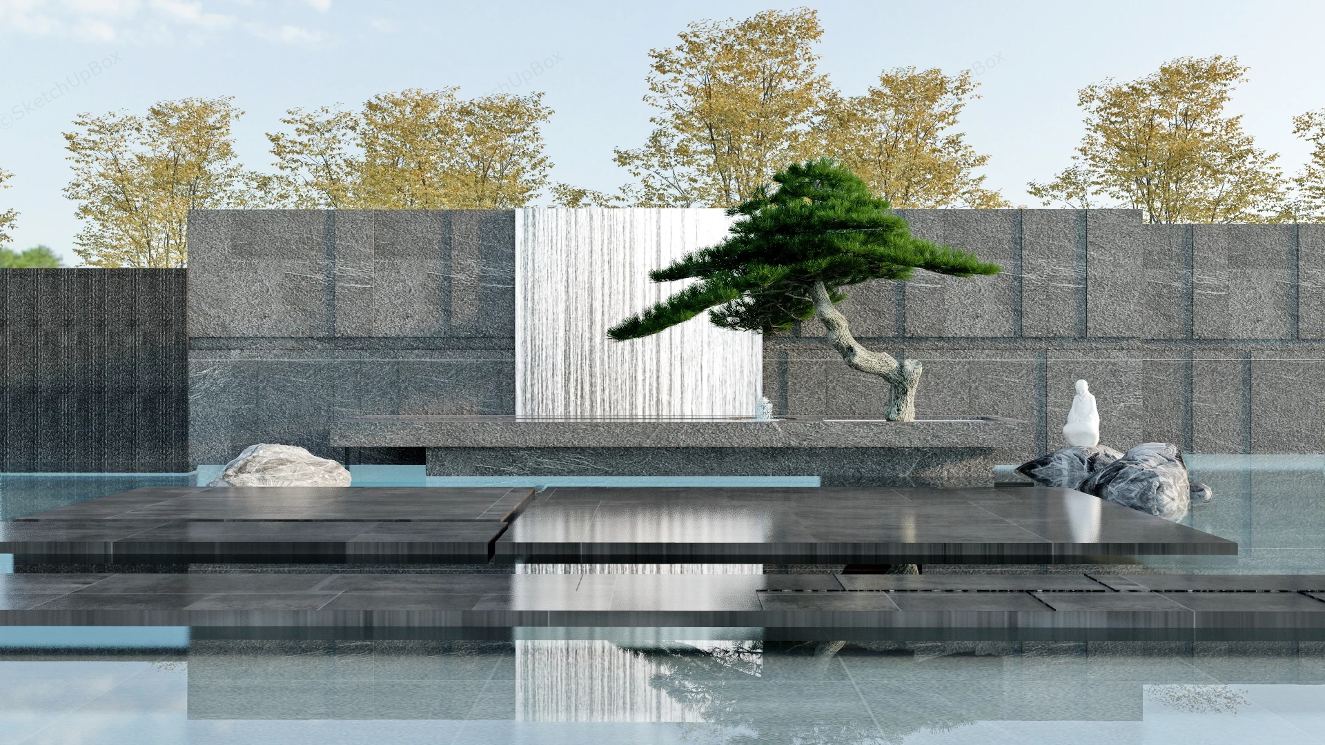 Serene Zen Waterfall Garden sketchup model preview - SketchupBox