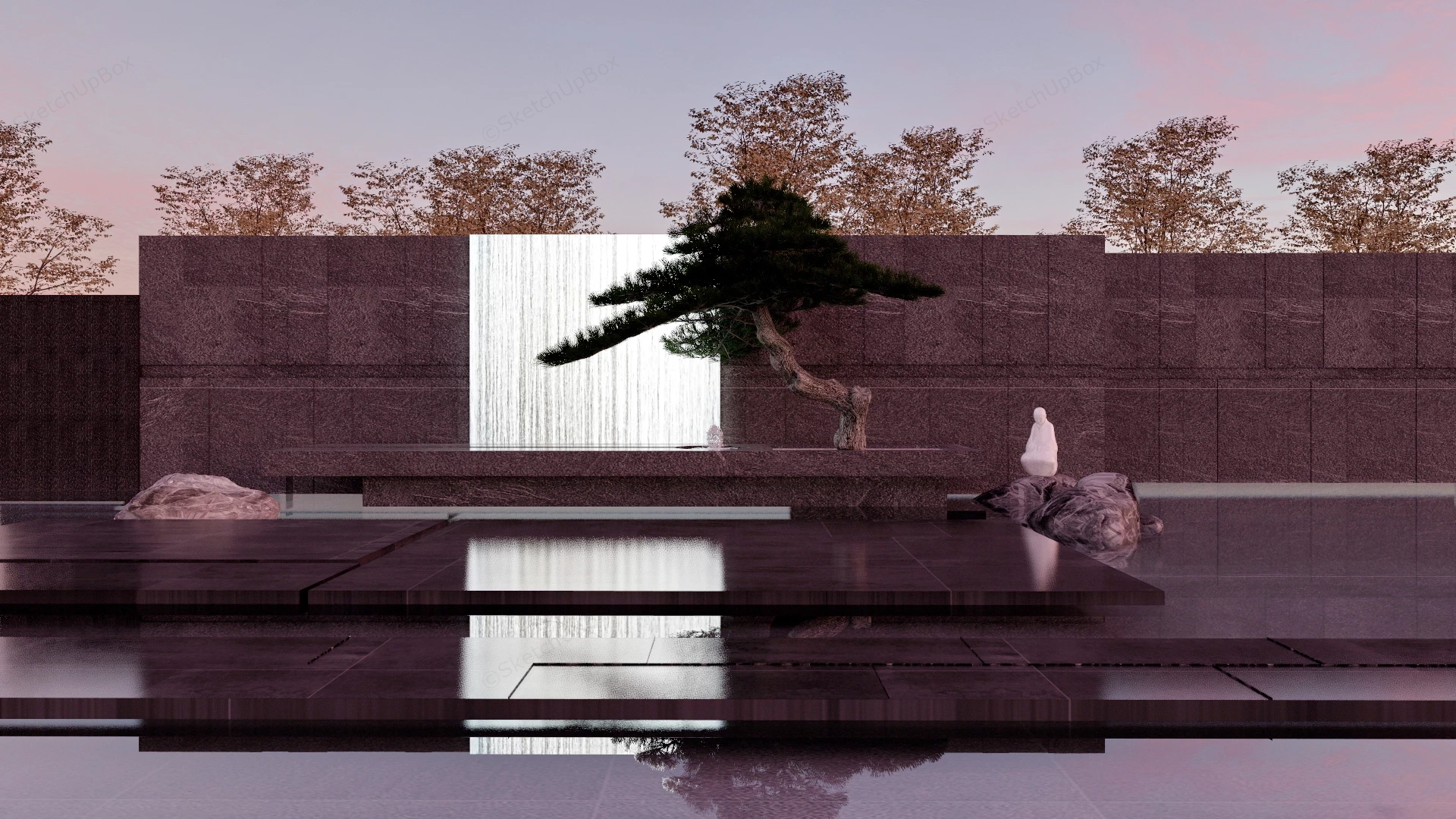 Serene Zen Waterfall Garden sketchup model preview - SketchupBox