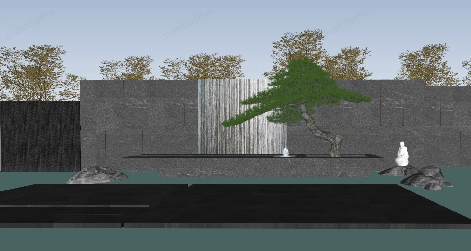 Serene Zen Waterfall Garden sketchup model preview - SketchupBox