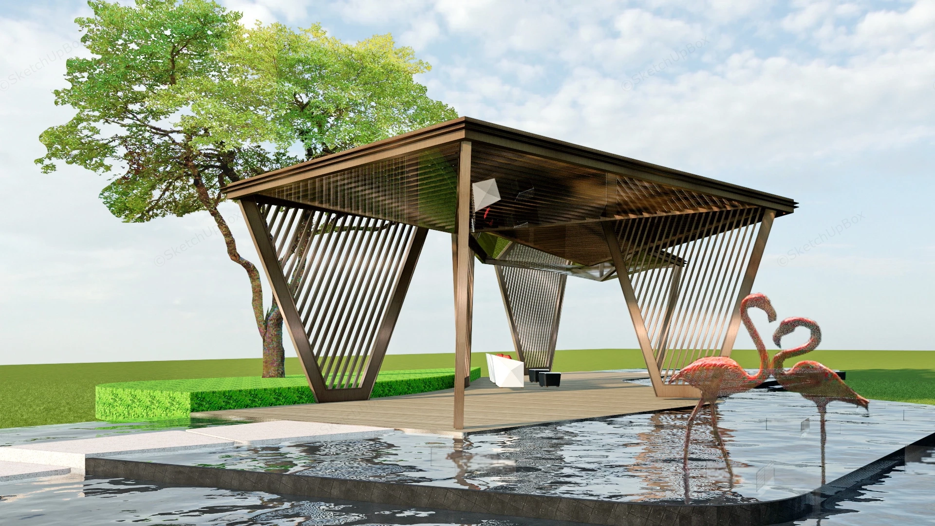 Modern Outdoor Pavilion With Water Feature sketchup model preview - SketchupBox