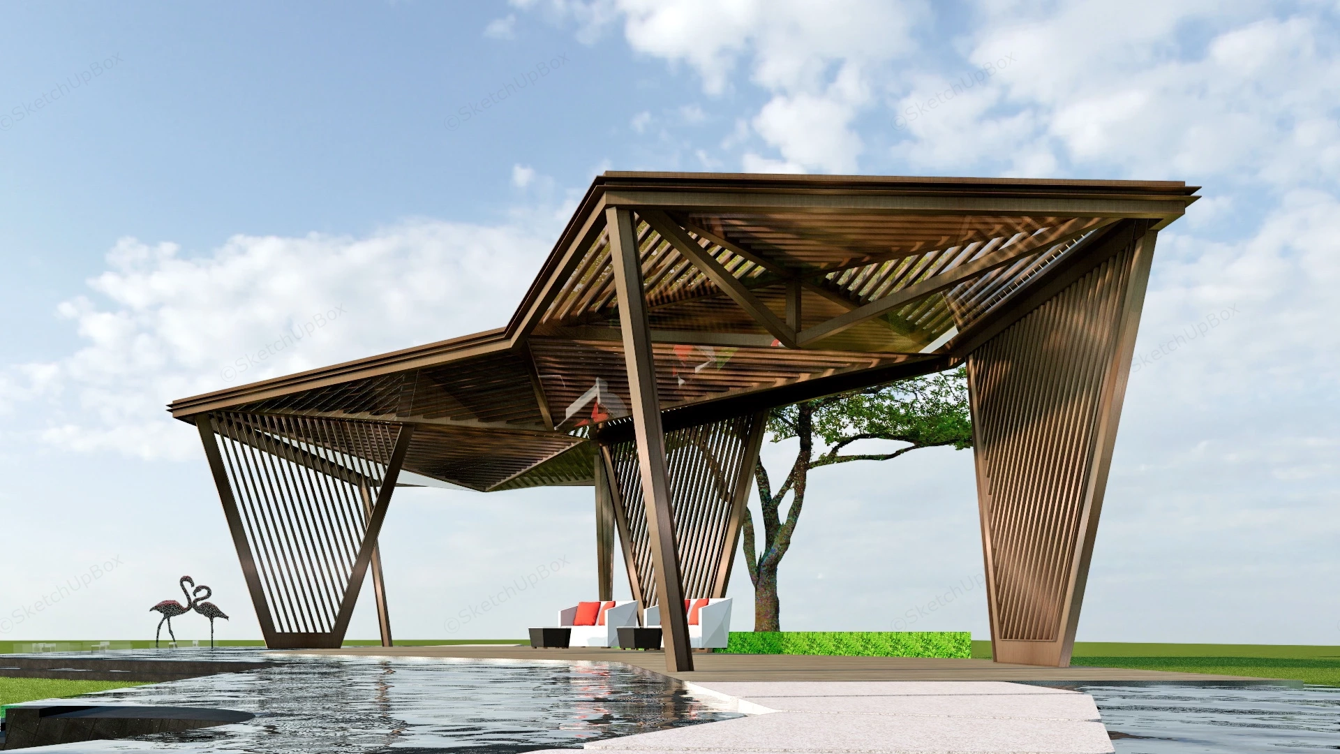Modern Outdoor Pavilion With Water Feature sketchup model preview - SketchupBox