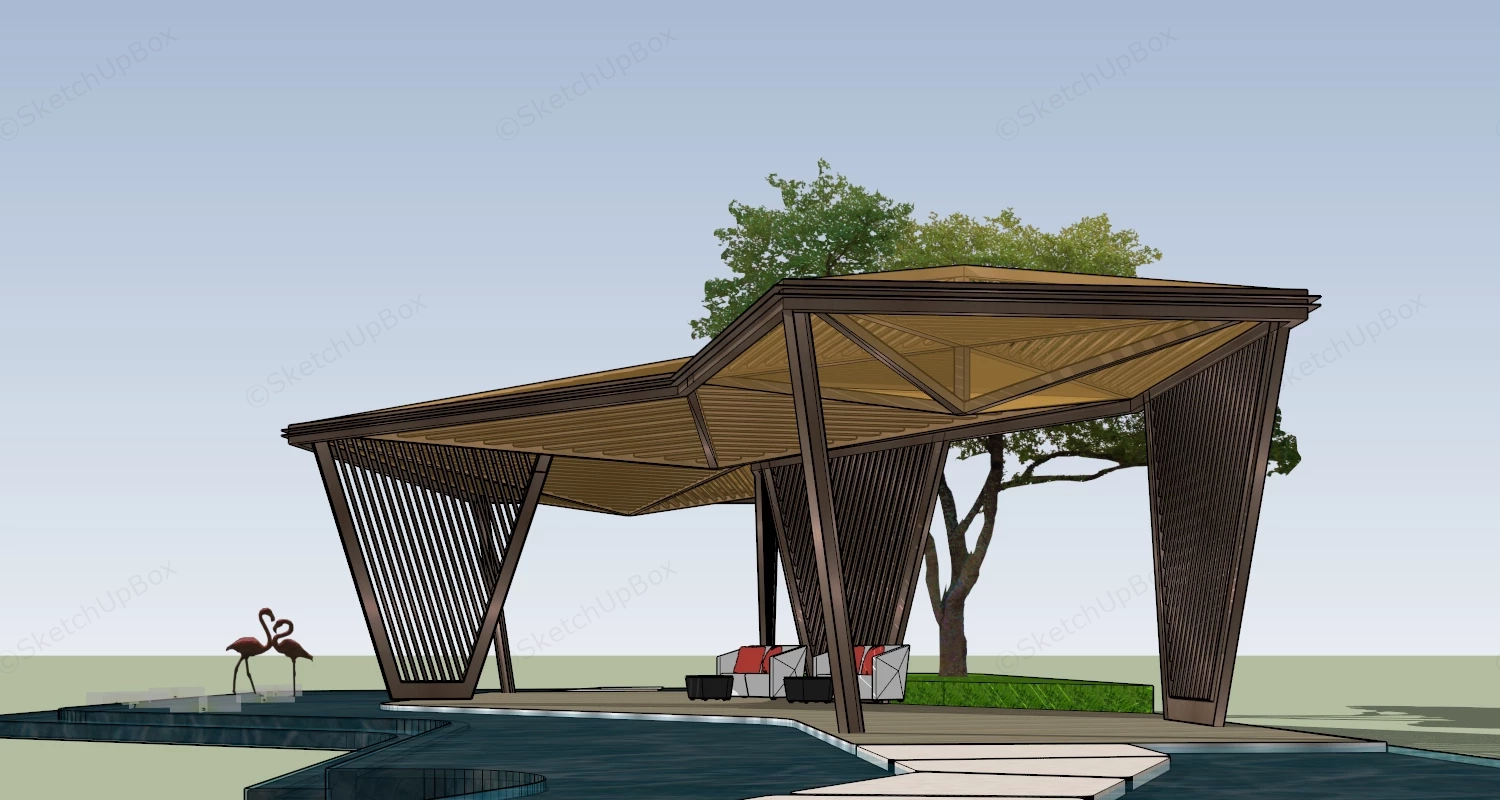 Modern Outdoor Pavilion With Water Feature sketchup model preview - SketchupBox