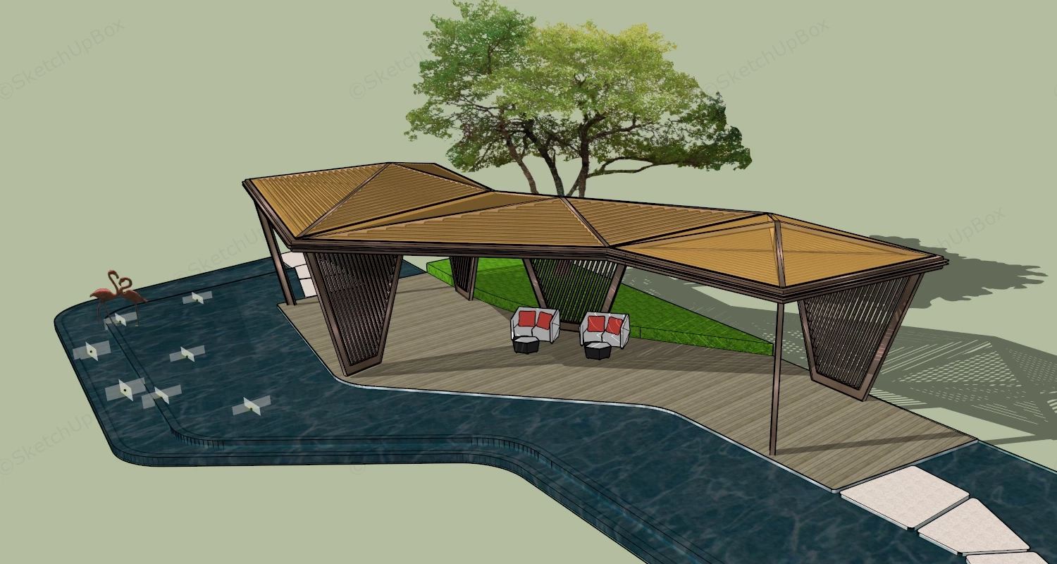 Modern Outdoor Pavilion With Water Feature sketchup model preview - SketchupBox
