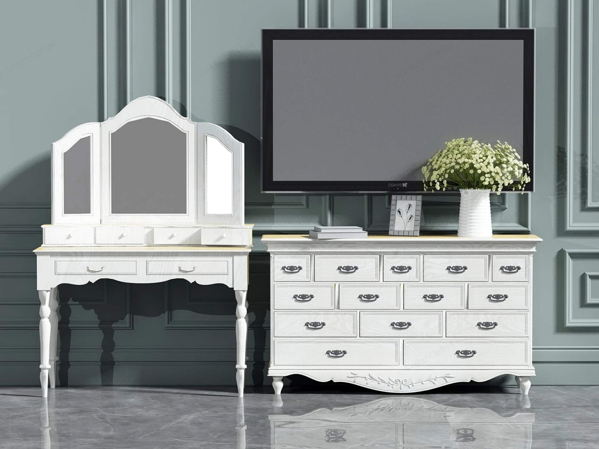 Vintage Bedroom Dresser And Vanity sketchup model preview - SketchupBox