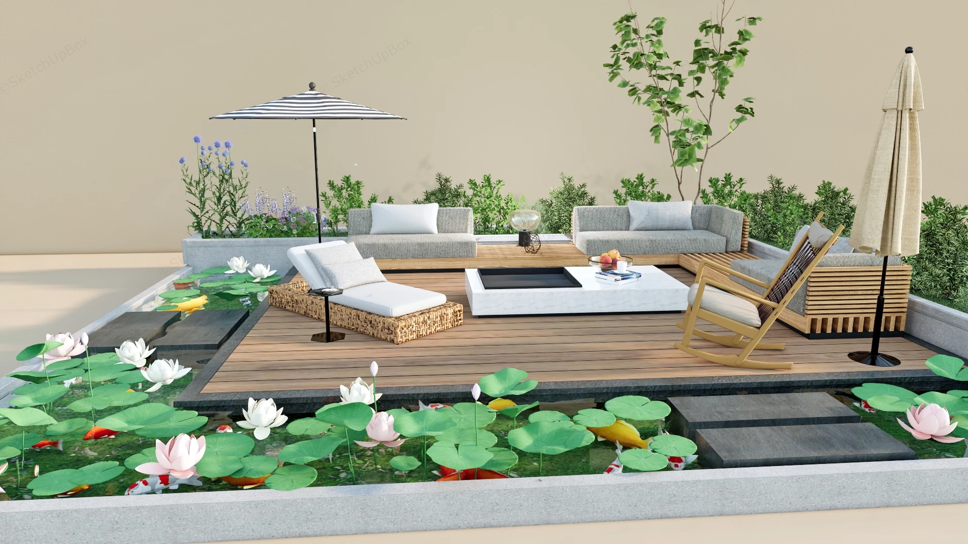 Outdoor Patio Deck With Pond sketchup model preview - SketchupBox