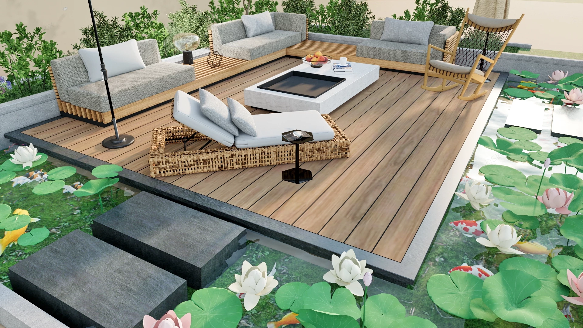 Outdoor Patio Deck With Pond sketchup model preview - SketchupBox