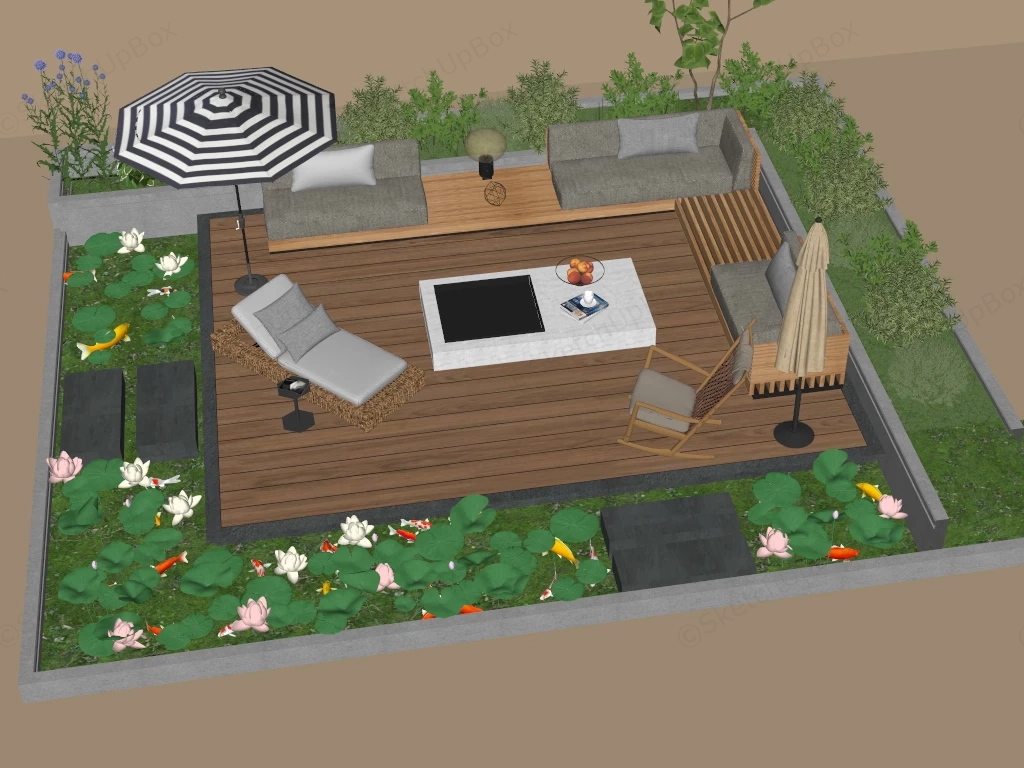 Outdoor Patio Deck With Pond sketchup model preview - SketchupBox
