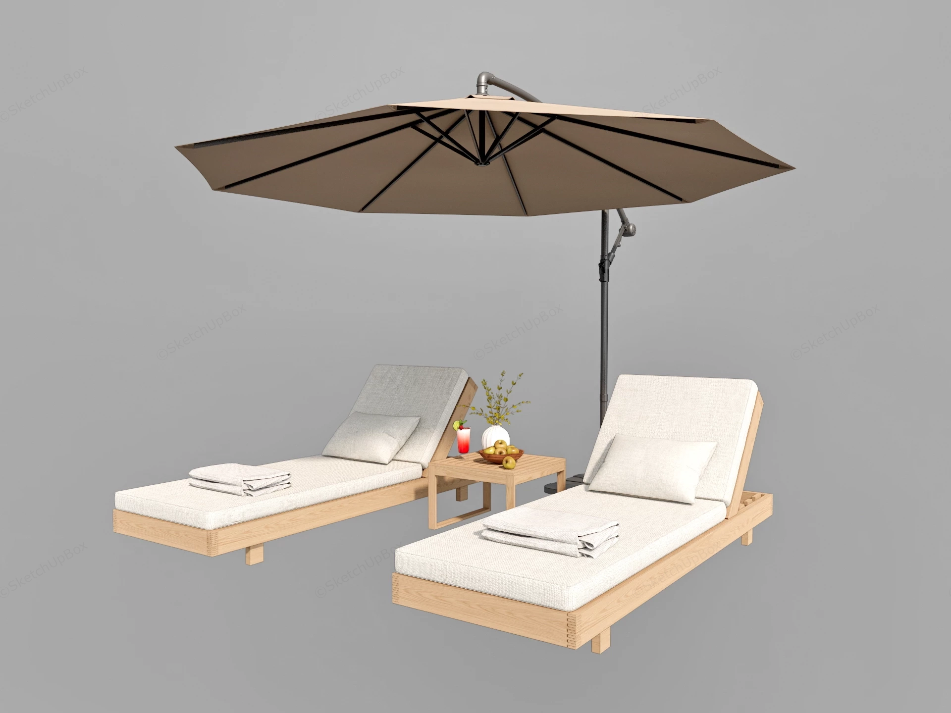 Wood Sun Lounger With Umbrella Set sketchup model preview - SketchupBox