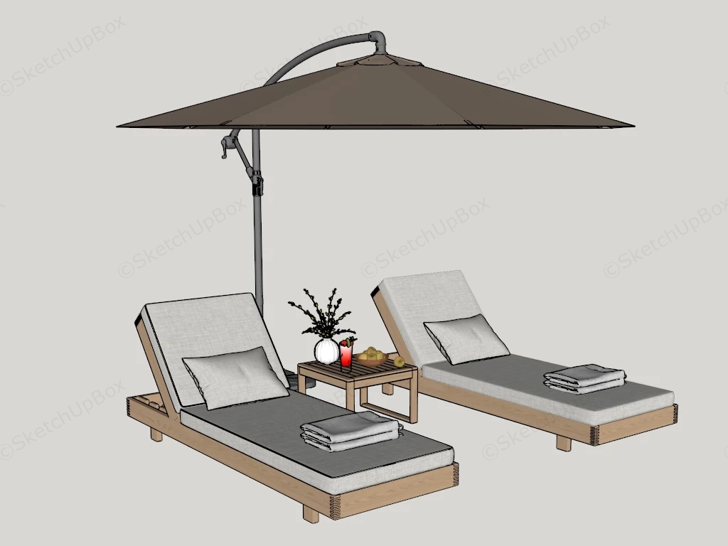 Wood Sun Lounger With Umbrella Set sketchup model preview - SketchupBox