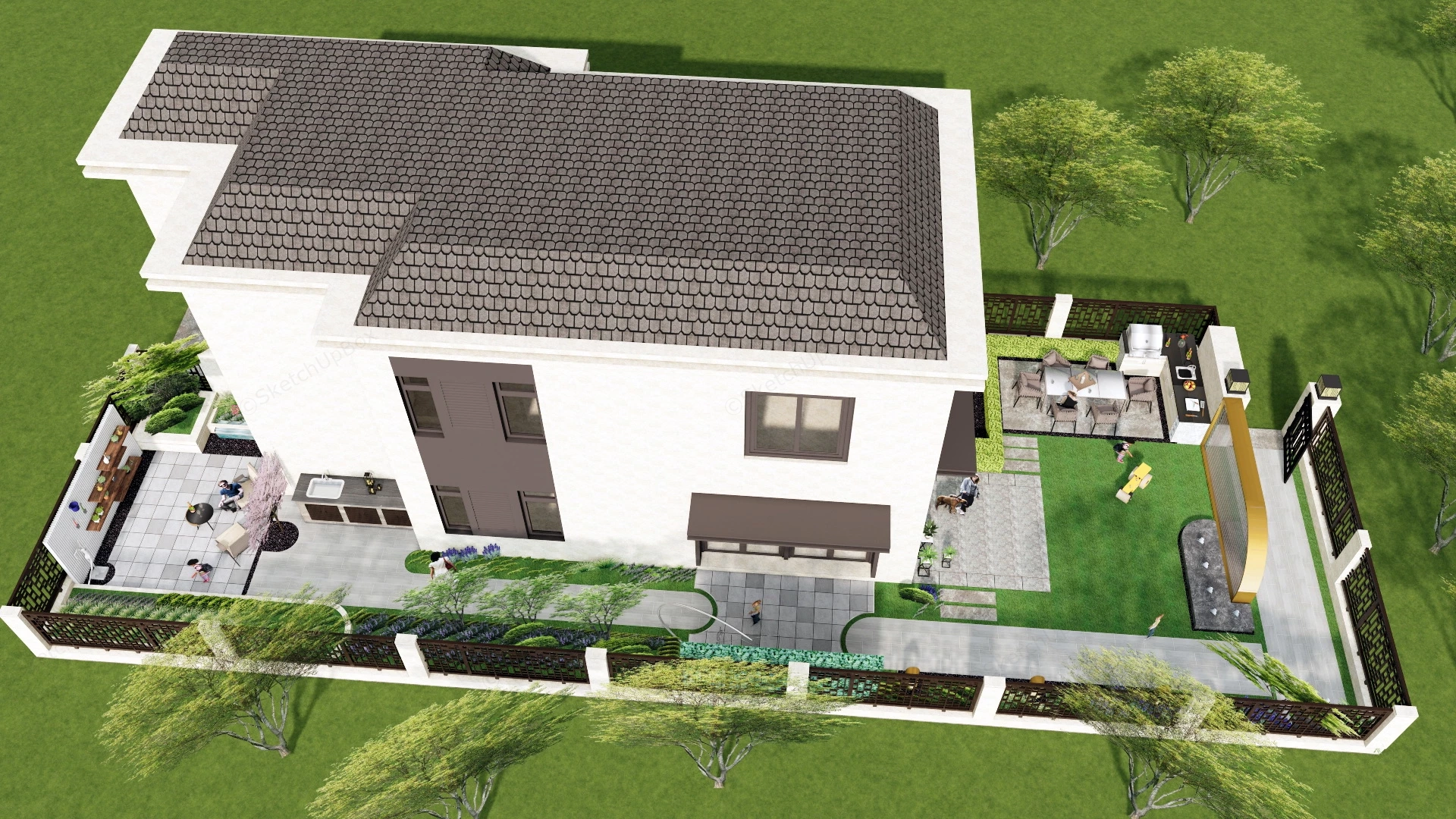 Narrow Lot House With Courtyard Design sketchup model preview - SketchupBox