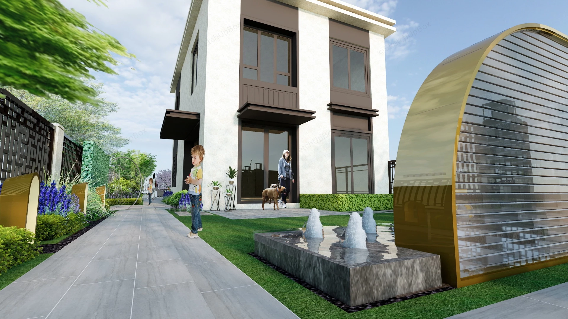 Narrow Lot House With Courtyard Design sketchup model preview - SketchupBox
