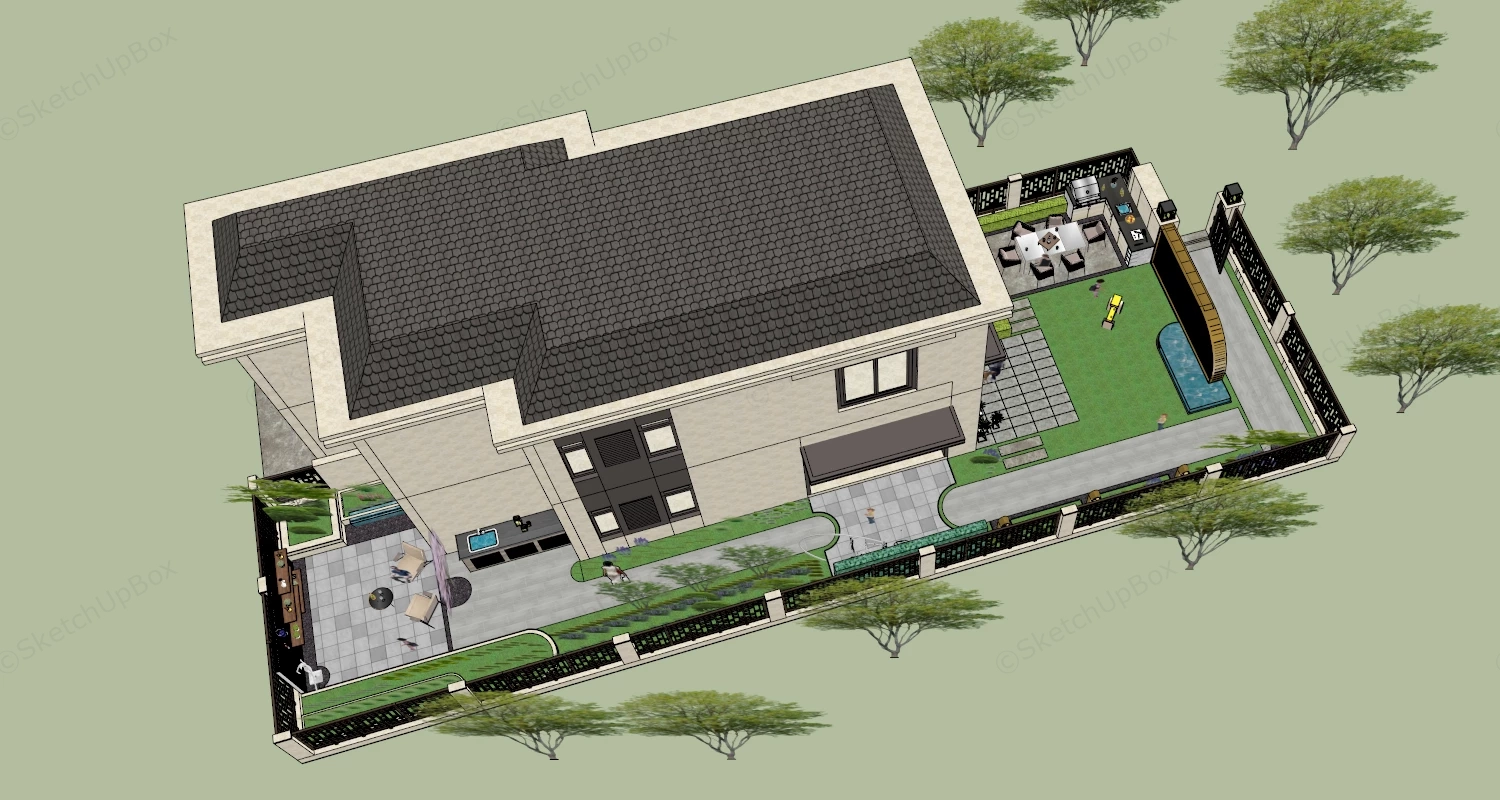 Narrow Lot House With Courtyard Design sketchup model preview - SketchupBox