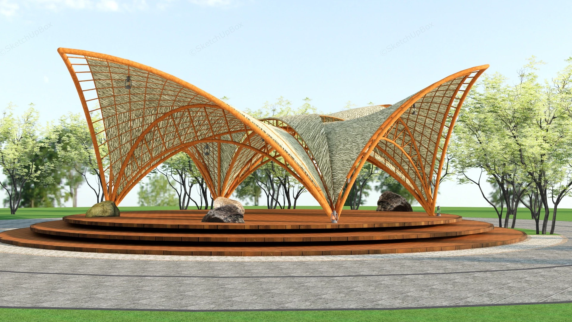 Tropical Park Pergola Shade Structure sketchup model preview - SketchupBox