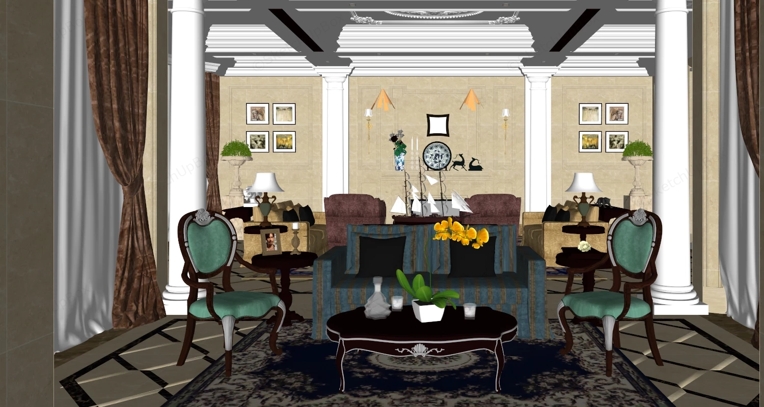 American Style Living Room sketchup model preview - SketchupBox