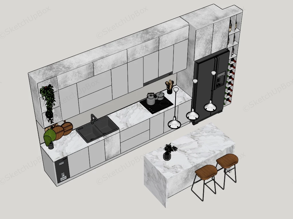 One Wall Kitchen Designs With Island sketchup model preview - SketchupBox