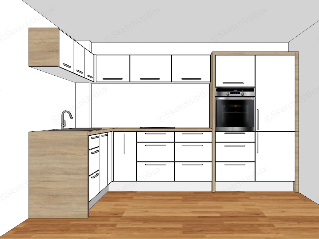 White And Wood L Kitchen sketchup model preview - SketchupBox