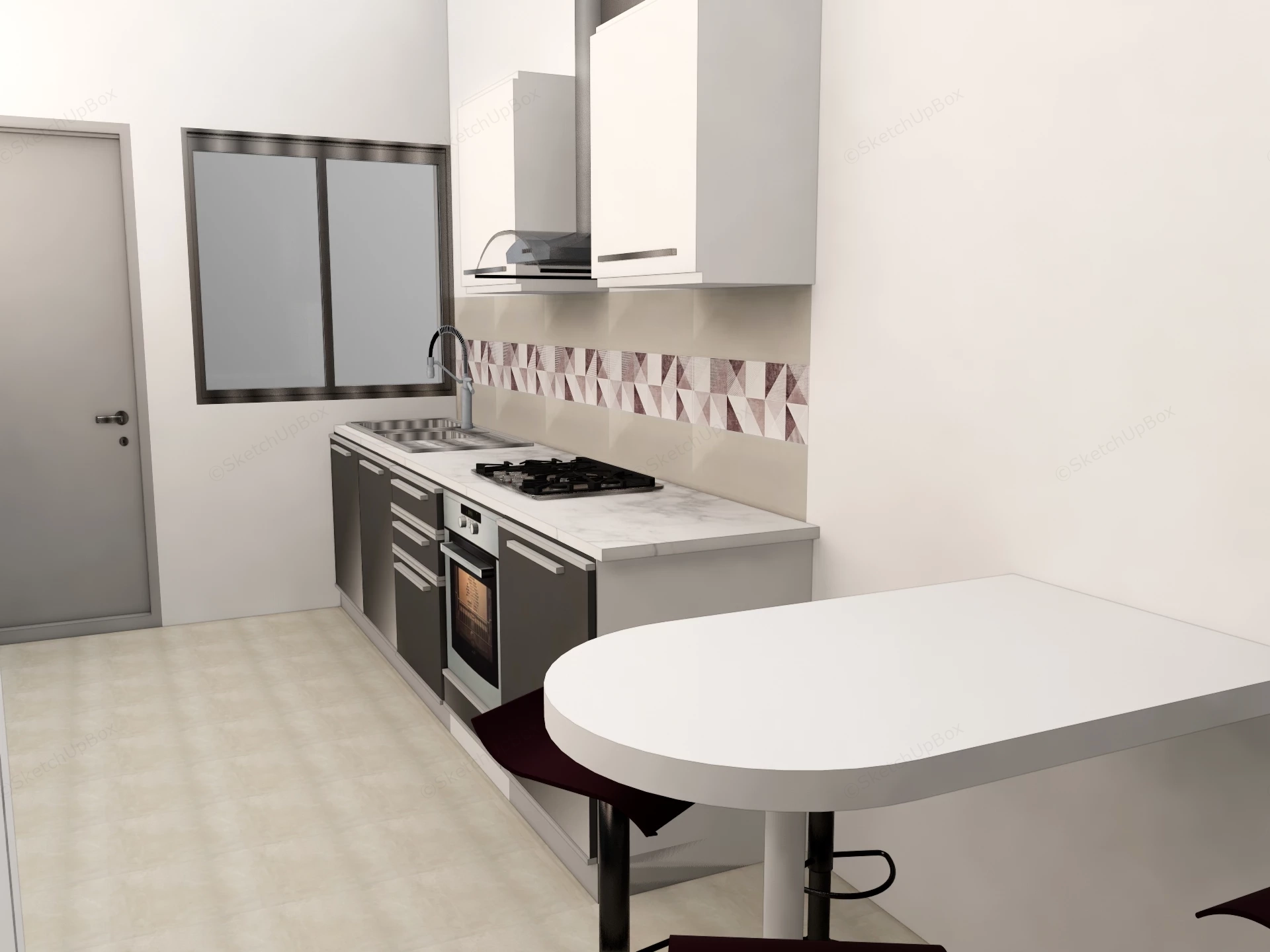 Small Narrow Kitchen With Dining Table sketchup model preview - SketchupBox