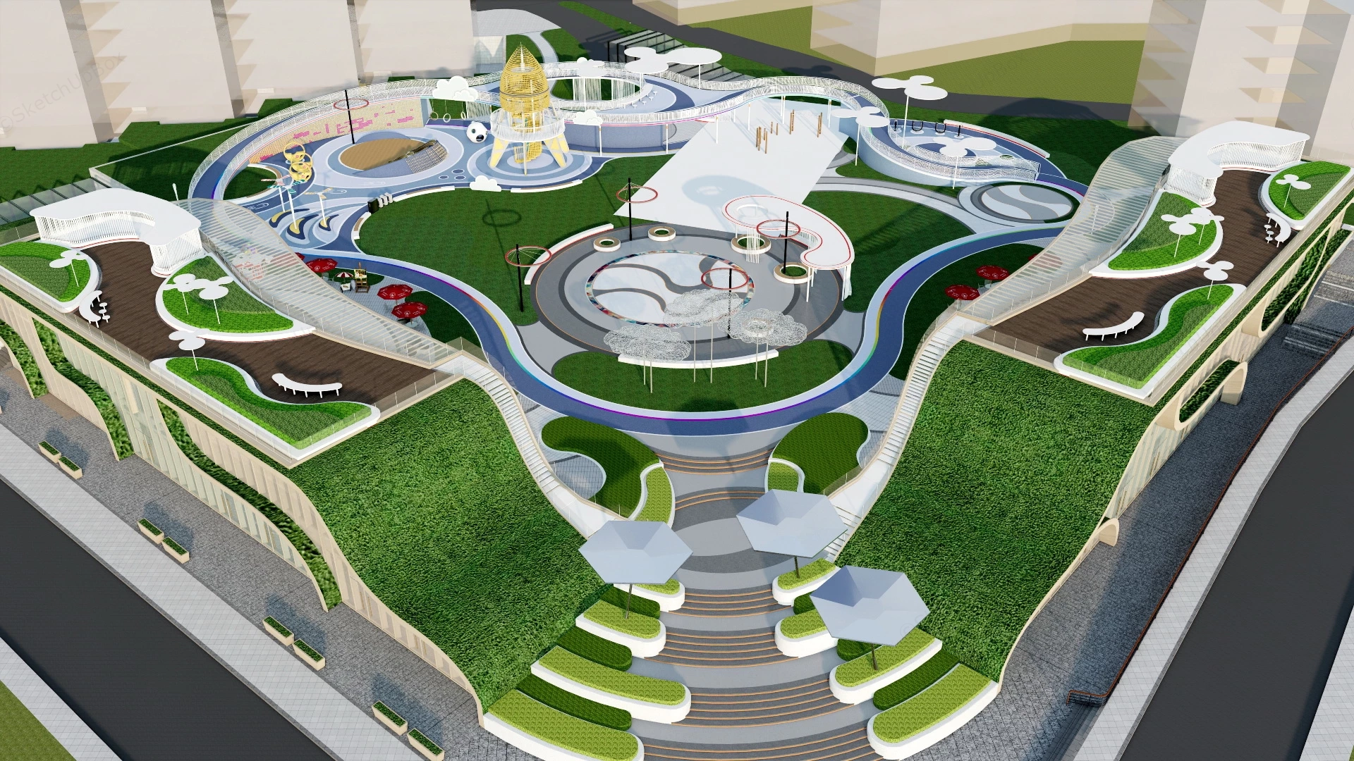 Urban Plaza With Playground sketchup model preview - SketchupBox