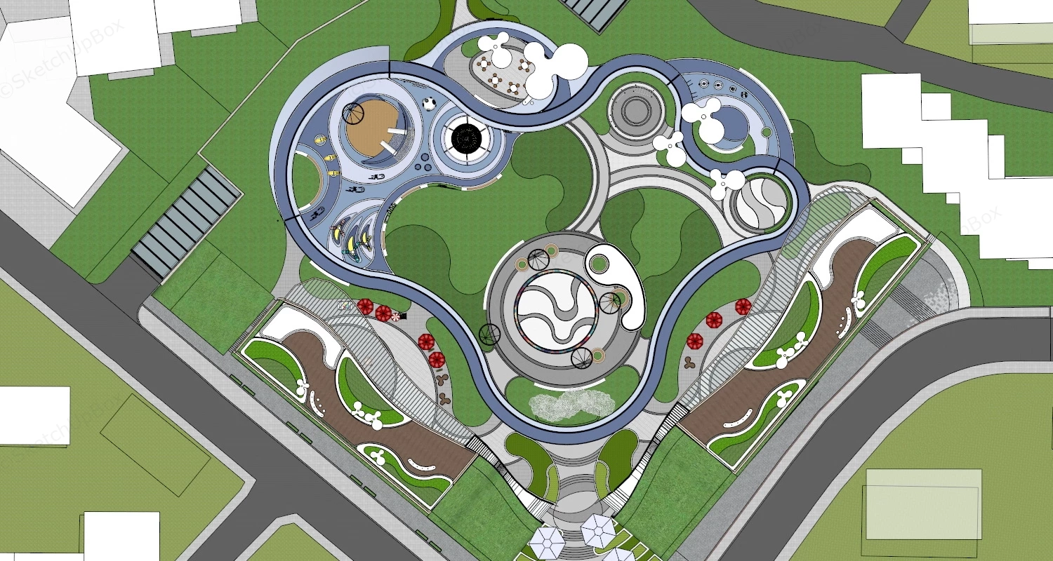 Urban Plaza With Playground sketchup model preview - SketchupBox