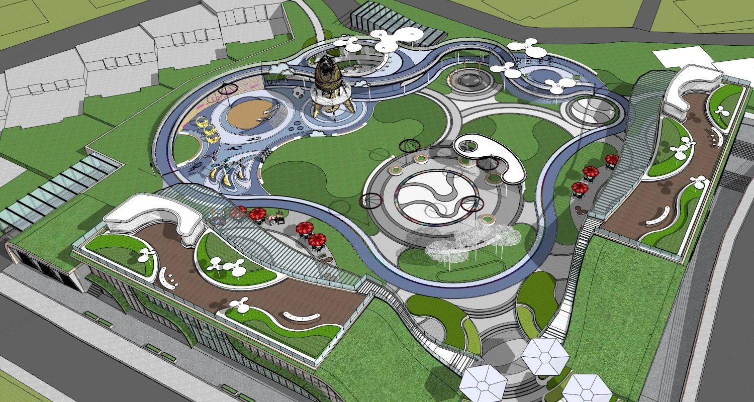 Urban Plaza With Playground sketchup model preview - SketchupBox