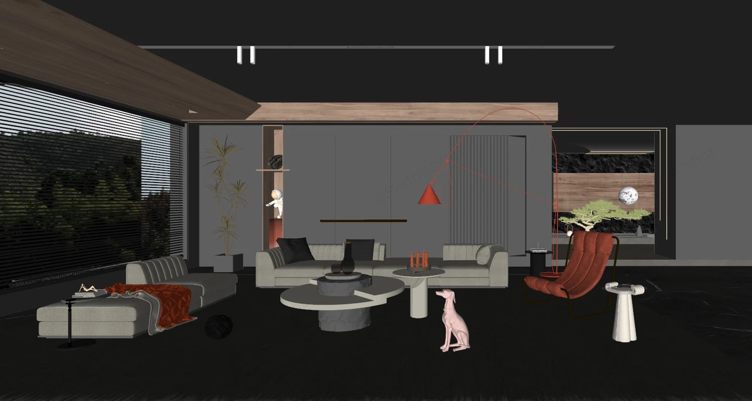 Dark Modern Living Room sketchup model preview - SketchupBox