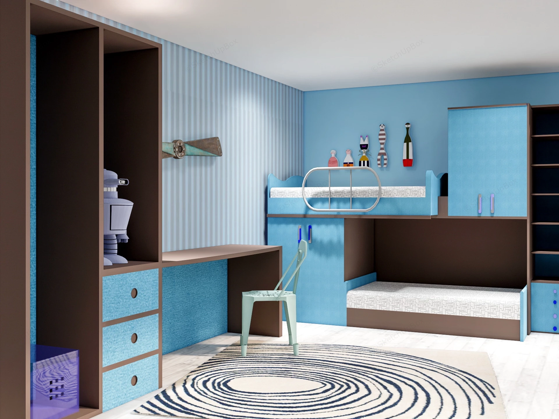 Blue And Brown Boys Bedroom sketchup model preview - SketchupBox