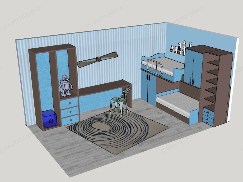 Blue And Brown Boys Bedroom sketchup model preview - SketchupBox