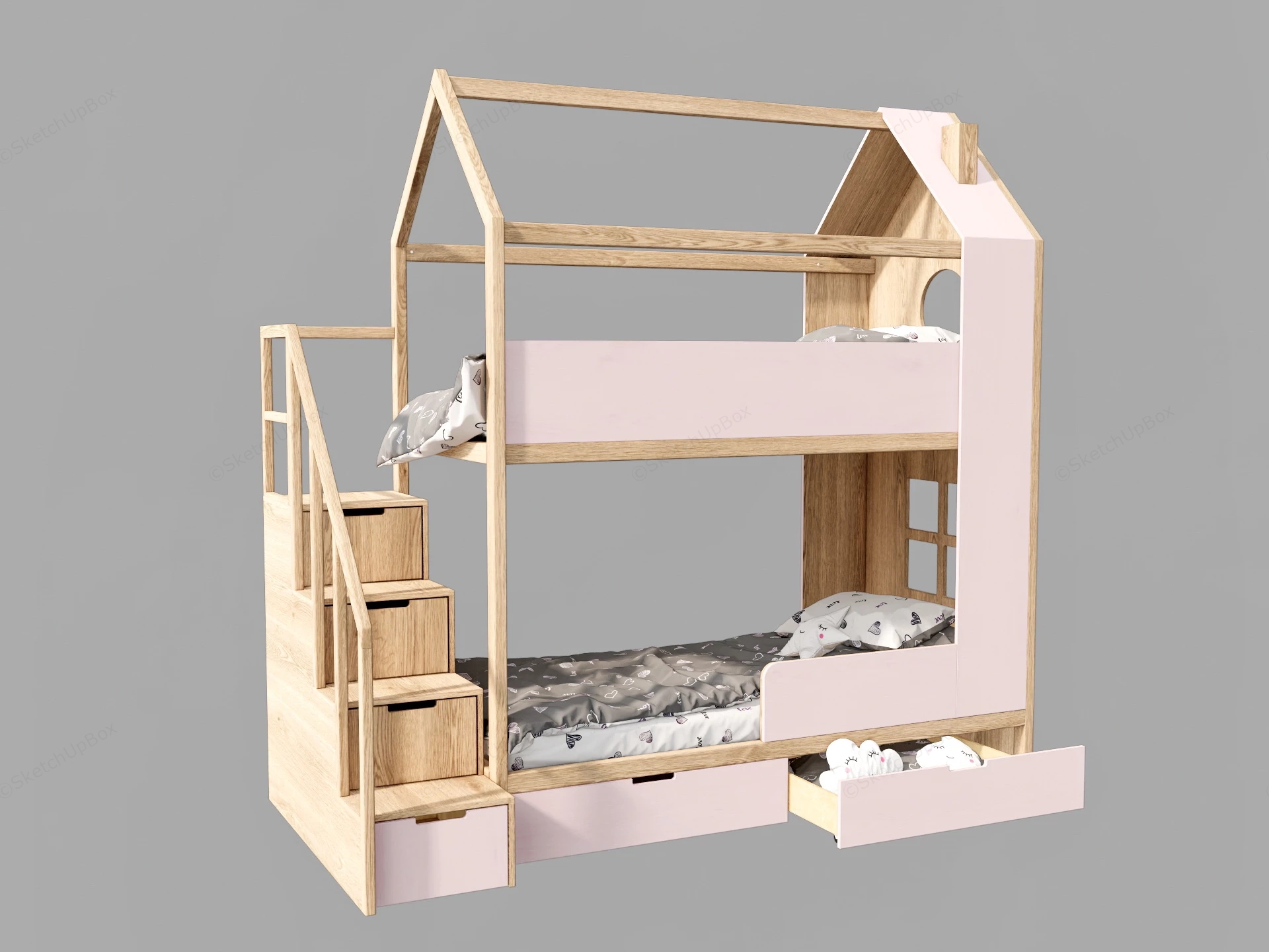 Pink And Wood Bunk Bed sketchup model preview - SketchupBox