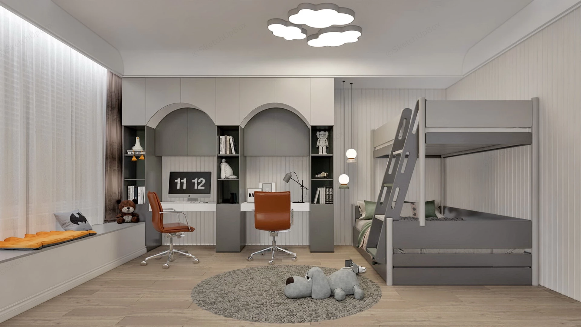 Teenage Boy Bedroom With Bunk Beds sketchup model preview - SketchupBox
