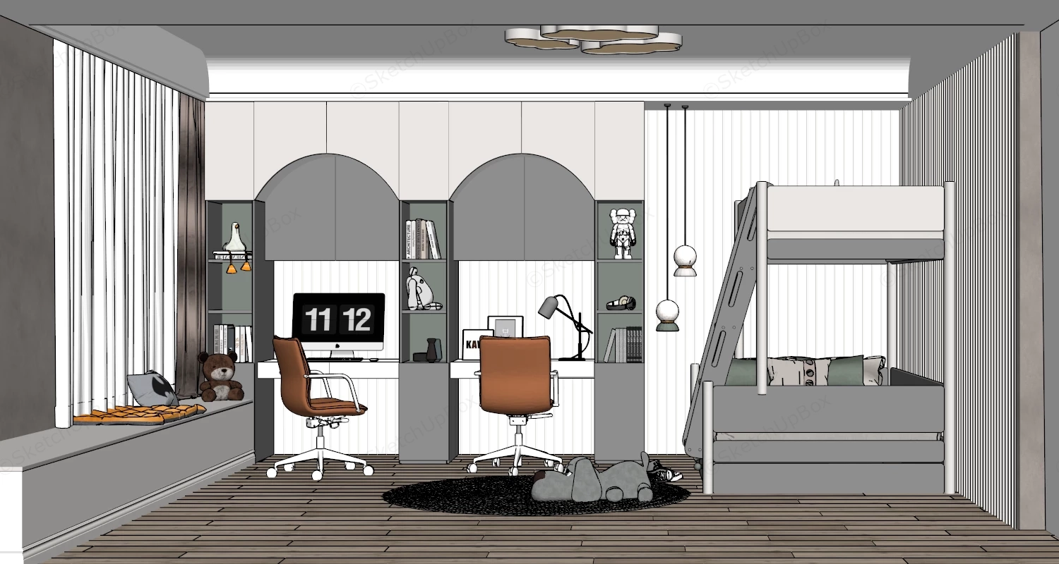 Teenage Boy Bedroom With Bunk Beds sketchup model preview - SketchupBox
