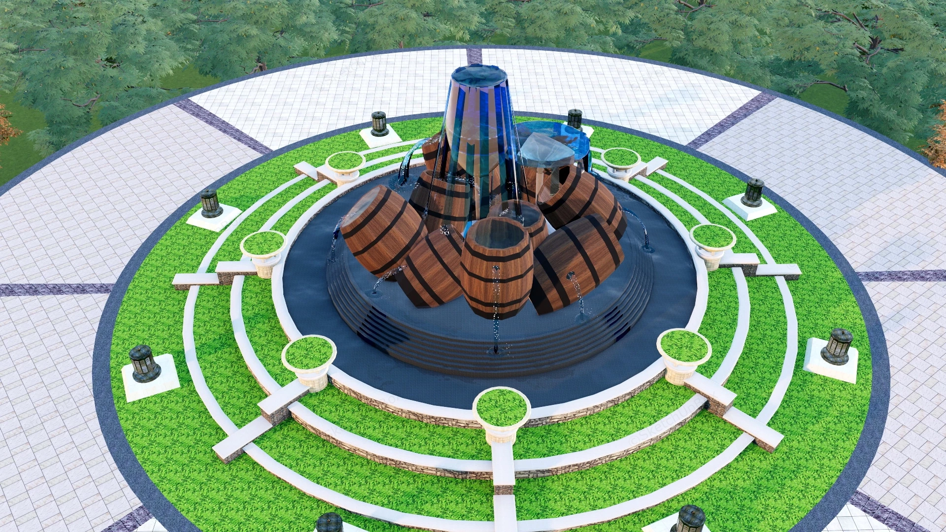 Large Wine Barrel Fountain sketchup model preview - SketchupBox
