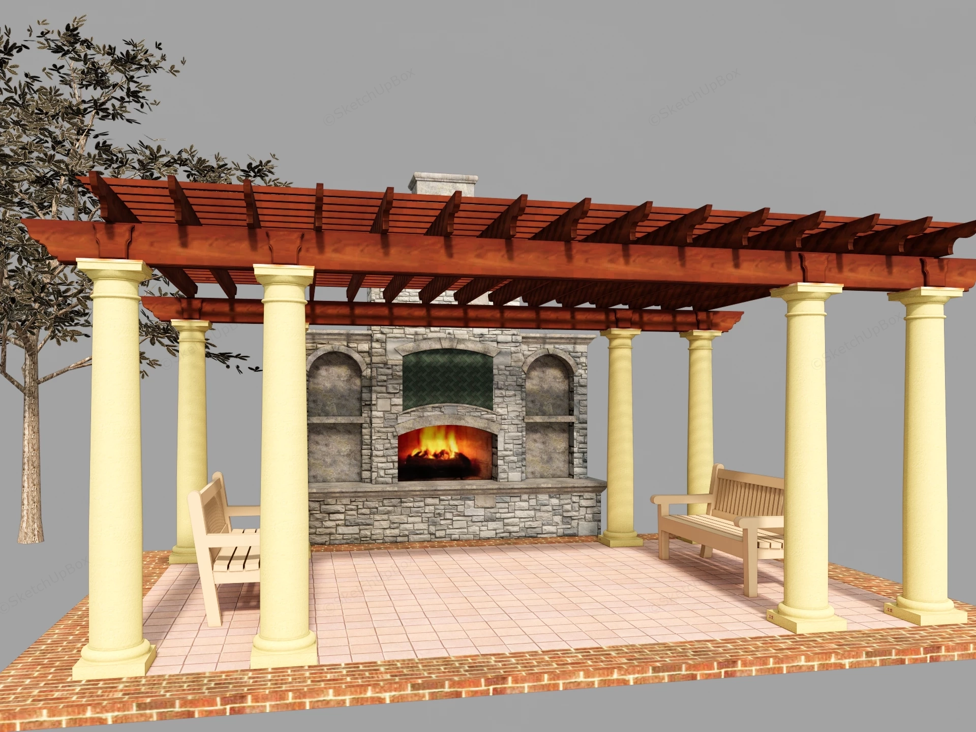 Outdoor Fireplace With Pergola sketchup model preview - SketchupBox