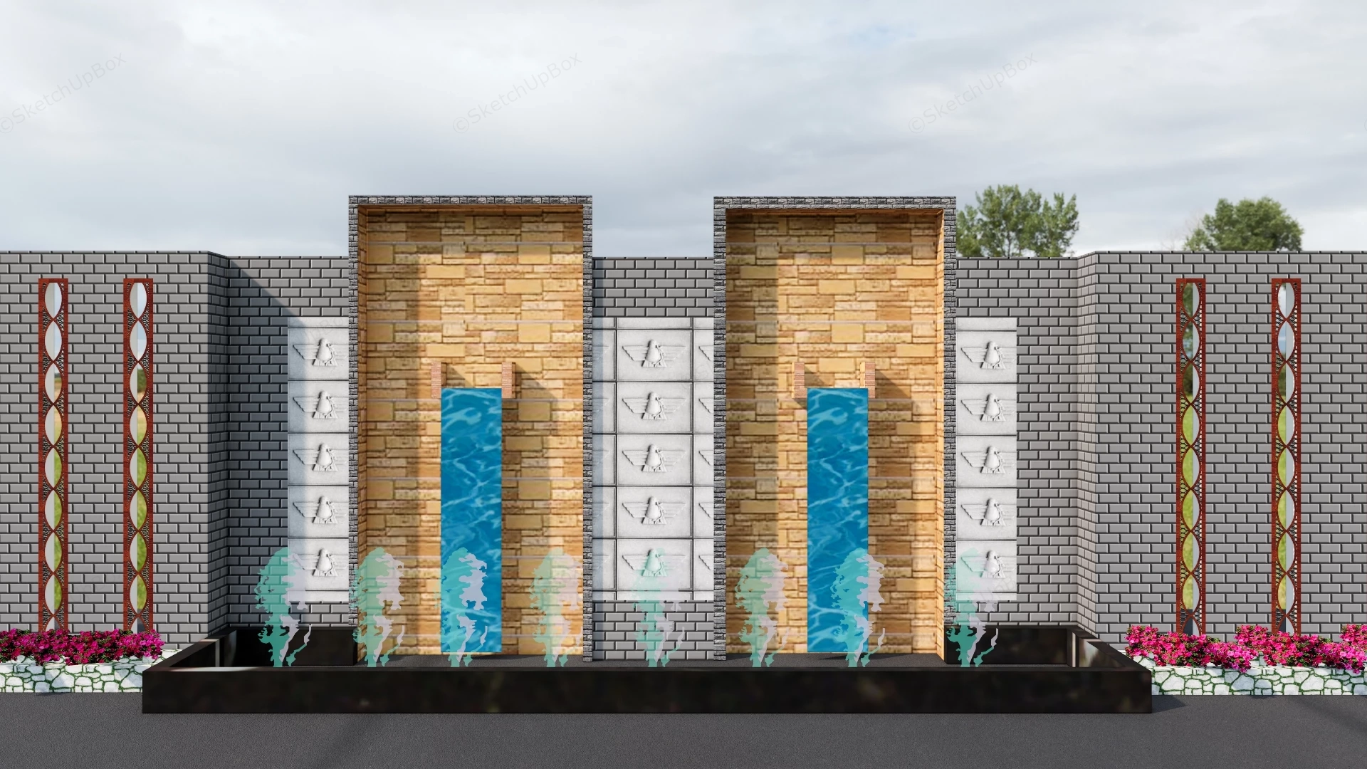 Garden Feature Wall With Fountain sketchup model preview - SketchupBox