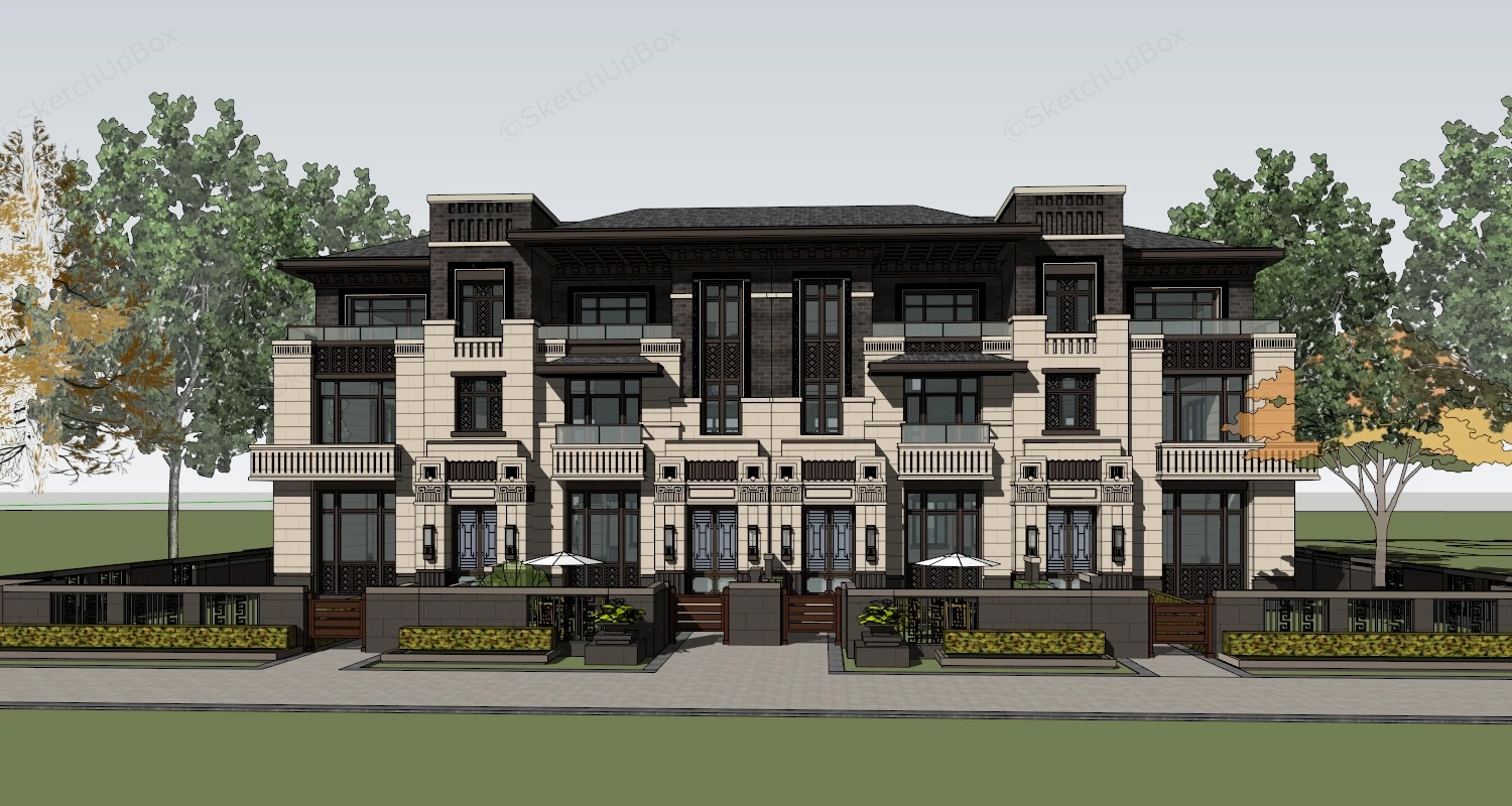Modern Prairie Style Rowhouse sketchup model preview - SketchupBox