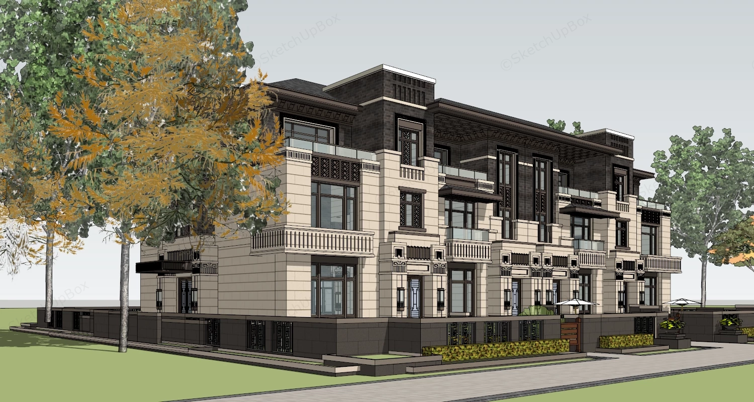 Modern Prairie Style Rowhouse sketchup model preview - SketchupBox